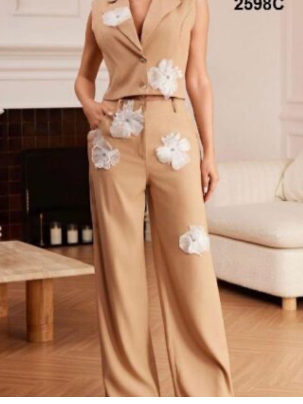 Neutral Beige Wide-Leg Jumpsuit with White Floral Appliqués